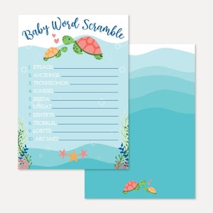 Sea Turtle Baby Shower Word Scramble Game Template - Word Scramble Baby Shower Game, Word Scramble Shower Game, Scramble Printable Editable
