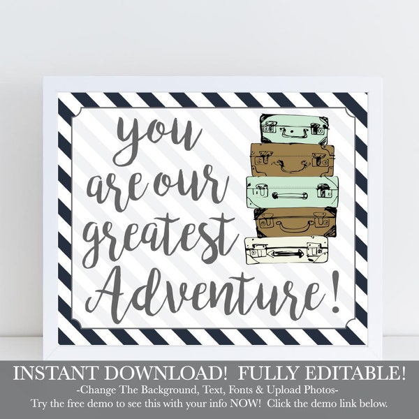 Navy Angled Stripes Globe Travel You Are Our Greatest Adventure Sign, Affordable Baby Shower, Baby Shower Decorations, Baby Shower Sign Girl