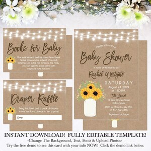 Kraft Mason Jar Floral douche uitnodiging afdrukbaar, luier loterij Instant Download, boek aanvraag kaart voor baby shower, Hadley Designs