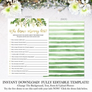 Groen goud baby shower wie kent mama beste groen, wie kent mama beste kaart, kent mama beste baby shower spel, Instant Download