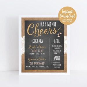 Bar Menu Sign Printable, Bar Menu Template Wedding, Bar Menu Printable, Bar Menu Sign Wedding, Downloadable Wedding Menu Template