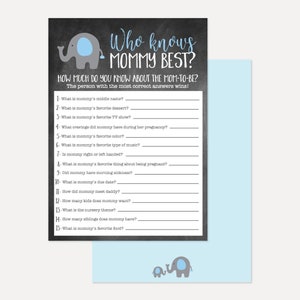 Blue Chevron and Chalk Elephant Baby Shower Who Knows Mommy Best Game, DIY Baby Shower, Instant Download Baby Shower Game, Hadley Design