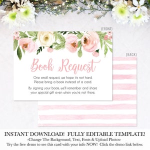 Roze aquarel bloemenkrans Boekaanvraag downloaden, Boekaanvraag Babyshower, Boekaanvraagkaart voor douche, Boekaanvraaginvoegsel, Afdrukbaar