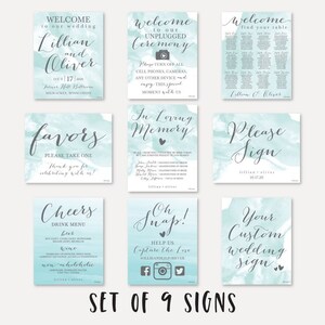 Ensemble de signes de mariage Teal Watercolour Splash - Plan de salle, menu de boissons, bienvenue, livre d’or, en mémoire aimante, débranché, faveurs, hashtag