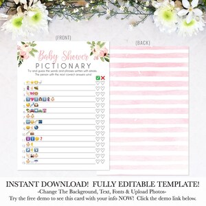 Pink Watercolor Floral Wreath Baby Shower Game Emoji, Emoji Game for Baby Shower, Emoji Baby Shower Game Answer, Emoji Baby Game, DIY Shower