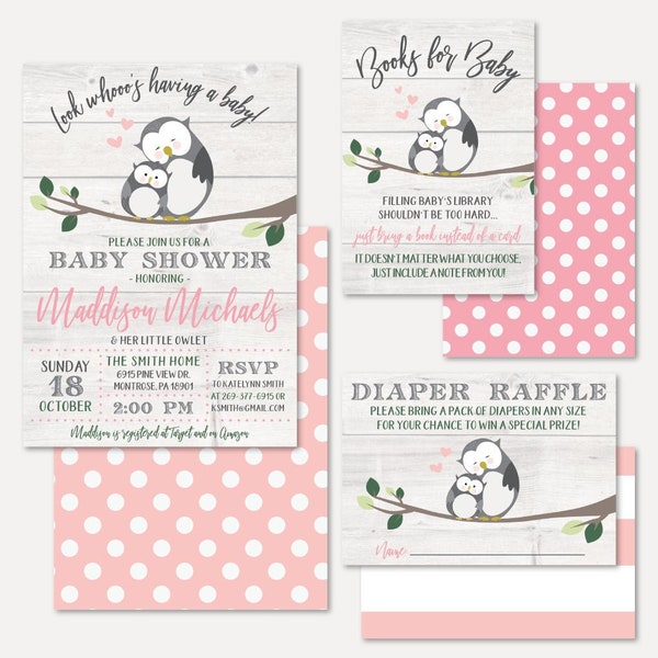 Owl Girl Pink Baby Shower Invitation Suite, Shower Invitation Package, Invitation Bundle, Invitation Set, Invitation Kits, Raffle Request