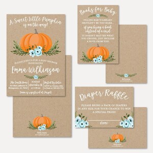 Modèle de suite d'invitation de douche de bébé de garçon de citrouille - paquet d'invitation de douche, paquet, ensemble d'invitation, invitation, demande de tombola