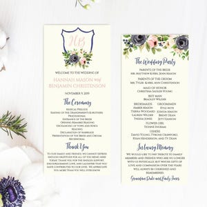 Navy Watercolor Floral Crest Printable Wedding Ceremony Program Template, Hadley Designs, Wedding Programs PDF, Wedding Ceremony Program DIY