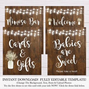 Rustiek houten Babys Breath Sign-pakket voor babyshower, Mimosa-teken, gunstteken, welkom bij de babyshower, kaarten en geschenken hier teken