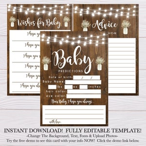 Pacchetto Baby Shower Babys Breath in legno rustico, pacchetto ricordo, biglietti di consiglio, Oh Baby, set ricordo, auguri per il bambino, carta di previsione del bambino