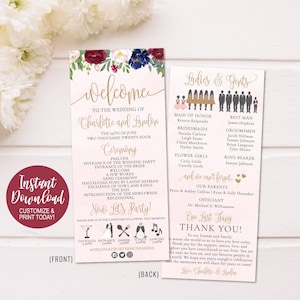 May include: A pink and white wedding program with a floral design. The front of the program says "Welcome to the wedding of Charlotte and Landon." The back of the program lists the wedding party, the ceremony order, and a thank you message to the guests.