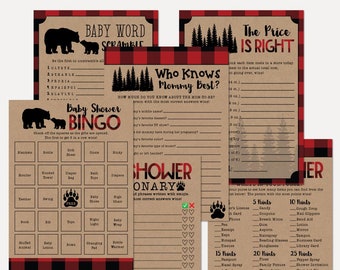 Könnte beinhalten: Ein Set druckbarer Babyparty-Spiele mit Waldthema. Die Spiele beinhalten "Baby Word Scramble", "Who Knows Mommy Best?", "Baby Shower Bingo", "Shower-tionary", "The Price is Right" und "What's in Your Purse". Die Spiele haben einen roten und schwarzen Buffalo-Karomuster-Hintergrund mit Bildern von Bären und Bäumen.