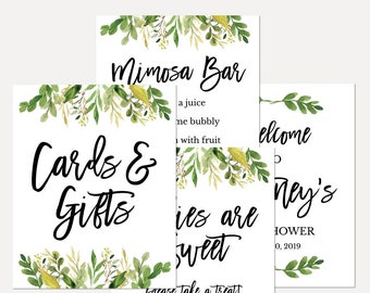 Greenery and Gold Shower Sign Bundle, Baby Shower Sign Set, Baby Shower Sign Package, Matching Baby Shower Signs, Sign Printable, Download