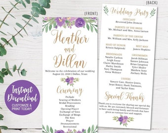 Peut inclure: Programme de cérémonie de mariage avec des motifs floraux violets. La couverture avant présente les noms Heather et Dillan ainsi que la date du 22 août 2020. La couverture arrière liste la fête de mariage et les remerciements.