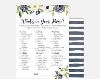 Navy Watercolor Floral Wreath What's In Your Purse Baby Shower Game, Whats In Your Purse Game, Baby Shower Whats In Your Purse Printable