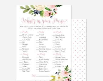 Pink Cream and Blue Girl Floral Baby Shower What's In Your Purse Baby Shower Game, Whats In Your Purse Game, Baby Shower Whats in Printable