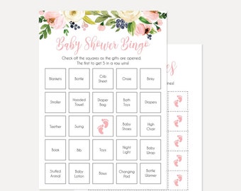 Rosa crema e blu ragazza floreale Baby Shower Bingo stampabile, Bingo Baby Shower, Baby Bingo Nursery, Baby Shower Bingo, Gioco Baby Shower