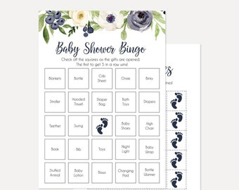 Navy Watercolor Floral Wreath Shower Bingo, Bingo Baby Shower, Baby Bingo Nursery, Bingo Printable, Baby Shower Bingo, Baby Shower Game Boy