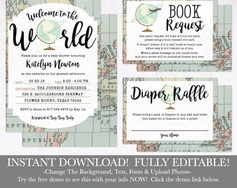 Map Globe Travel Baby Shower Invitation Suite, Shower Invitation Package, Invitation Bundle, Invitation Set, Invitation Kits, Request