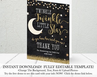 Twinkle Twinkle Little Star Bedankkaarten sjabloon, DIY Bedankkaart, Bedankbriefje gepersonaliseerd, Douche Bedankt Instant Download