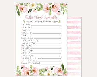 Pink Watercolor Floral Wreath Word Scramble Games, Word Scramble Baby Shower Game, Word Scramble Shower Game, Scramble Printable Editable