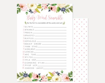 Pink Cream and Blue Girl Floral Word Scramble Games, Word Scramble Baby Shower Game, Word Scramble Shower Game, Scramble Printable Editable