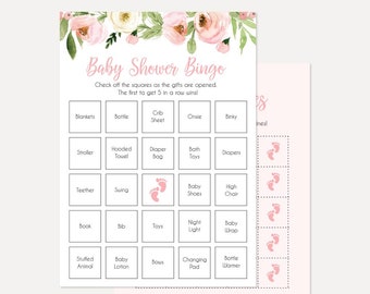 May include: Pink and green floral baby shower bingo card with a grid of squares containing baby-related items like blankets, bottles, diapers, and toys. The card has a pink and green floral design at the top and the words "Baby Shower Bingo" in a pink font.