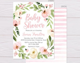 Pink Watercolor Floral Wreath Baby Invitation, Printable Baby Shower Invitation, Baby Shower Invitation Printable, Download, Hadley Design