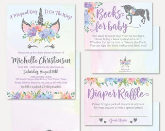 Silver Glitter Unicorn Baby Shower Invitation Suite Template - Shower Invitation Package, Bundle, Invitation Set, Invitation, Raffle Request