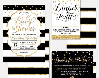 Black and Gold Baby Shower Invitation Suite, Shower Invitation Package, Invitation Bundle, Invitation Set, Invitation Kits, Raffle Request