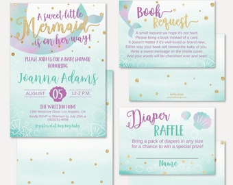 Mermaid Baby Shower Invitation Suite Template - Shower Invitation Package, Bundle, Invitation Set, Invitation, Raffle Request, Hadley Design