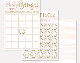 Oro e rosa ciambella Baby Shower Bingo stampabile - Bingo Baby Shower, Baby Bingo Nursery, Baby Shower Bingo, Gioco Baby Shower