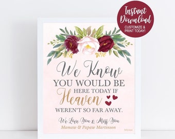 May include: A printable sign with a pink background and floral design. The text reads "We Know You Would Be Here Today If Heaven Weren't So Far Away. We Love You & Miss You Mamaw & Papaw Martinson"