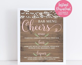 May include: A printable bar menu sign with a rustic wood background and white string lights. The sign says "Bar Menu Cheers" in pink script with green leaves. The menu lists wine, beer, and liquor options.