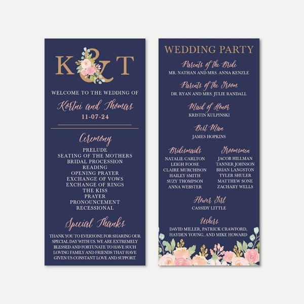 Navy and Blush Elegant Floral Wedding Program Template - Programs Designs, Wedding Programs Instant Download, Wedding Program Format