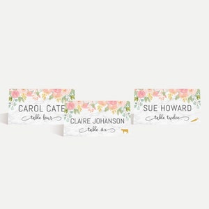 Plantilla de tarjetas de lugar de boda floral de rubor de mármol de diamante - Recepción de boda de tarjetas de lugar, caligrafía de tarjeta de lugar de boda, PDF imprimible