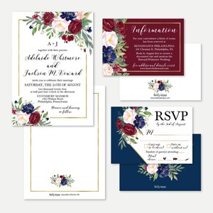 Navy Floral Wedding Invitation, RSVP, e modelli di set di dettagli - Inviti di nozze con RSVP incluso, carte economiche, Kit Online