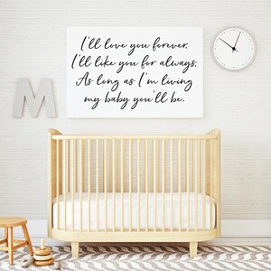 May include: A white framed print with black calligraphy that reads "I'll love you forever. I'll like you for always. As long as I'm living my baby you'll be."