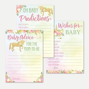 Gold Glitzer Einhorn Baby Shower Predictions, Ratschläge und Wünsche Set Vorlagen - Andenken Bundle, Rat Karte, Oh Baby, Wünsche für Baby