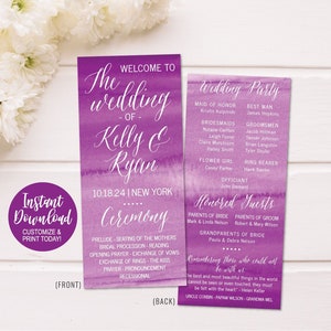 May include: Purple watercolor wedding ceremony program with white text. The front features the text "The Wedding of Kelly & Ryan" and the date "10.18.24 | New York". The back includes the wedding party, honored guests, and a quote about love.