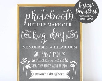 Chalkboard Photobooth Wedding Hashtag Sign, Rustic Printable Reception Decor, Grab a Prop, Strike a Pose,  DIY Instant Download Template