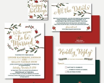 Holiday Wedding Invitation Template - Winter Rustic Printable Invite Suite, Christmas Wedding Invitation, XMAS Wedding, Winter Wedding, DIY