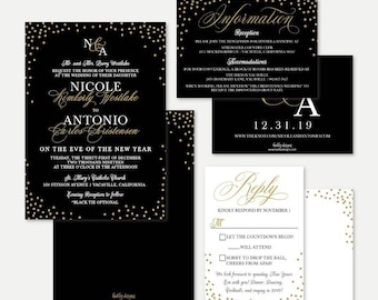 May include: Elegant black and gold wedding invitation suite. The invitation includes the names Nicole and Antonio, date, time, and location. Additional cards provide reception details and RSVP information. Gold confetti accents the design.