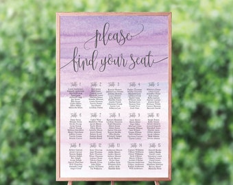 Purple Watercolor Ombre Wedding Seating Chart Sign, Template Seating Chart, Seating Plan Printable, Wedding Seating Plan