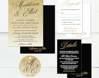 May include: Gold glitter wedding invitation suite with black accents. The invitation features the couple's names, "Maddison & Elliot", and the wedding date, "December the Seventh, Two Thousand Nineteen". The RSVP card includes the text "Respond Kindly Reply by November 15th" and the details card includes the text "Details For Your Convenience, A Block of Rooms Has Been Reserved At: The Westin Downtown 287 E. Main Street, Dallas, Texas 817-888-9000".