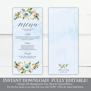 May include: A light blue wedding menu card with floral accents. The menu includes the names Caitlin and Henry, and the date June 28, 2019. The menu lists salad, entree, and dessert options. The card has a watercolor background.
