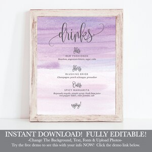 Paarse aquarel Ombre bruiloft drankjes teken, Bar Menu bruiloft sjabloon, Bar Menu teken afdrukbaar, Wedding Bar Menu, Hadley Designs