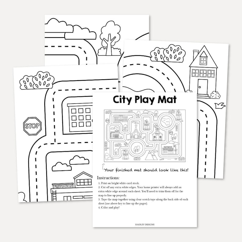 May include: A printable city play mat with black and white outlines of roads, buildings, trees, and a stop sign. The instructions for assembling the mat are included on the page. The text reads "City Play Mat" and "Your finished mat should look like this!"