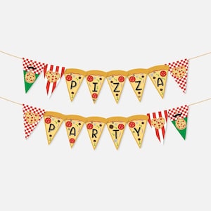 May include: A pizza party banner with red and white checkered, green, and yellow pizza slice flags. The flags spell out "PIZZA PARTY".