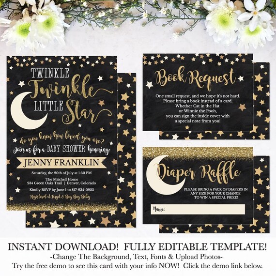 Moon and Stars Theme 3.5x5 Printable Books for Baby Card GTTLS Twinkle Twinkle Little Star Books for Baby Card Instant Download